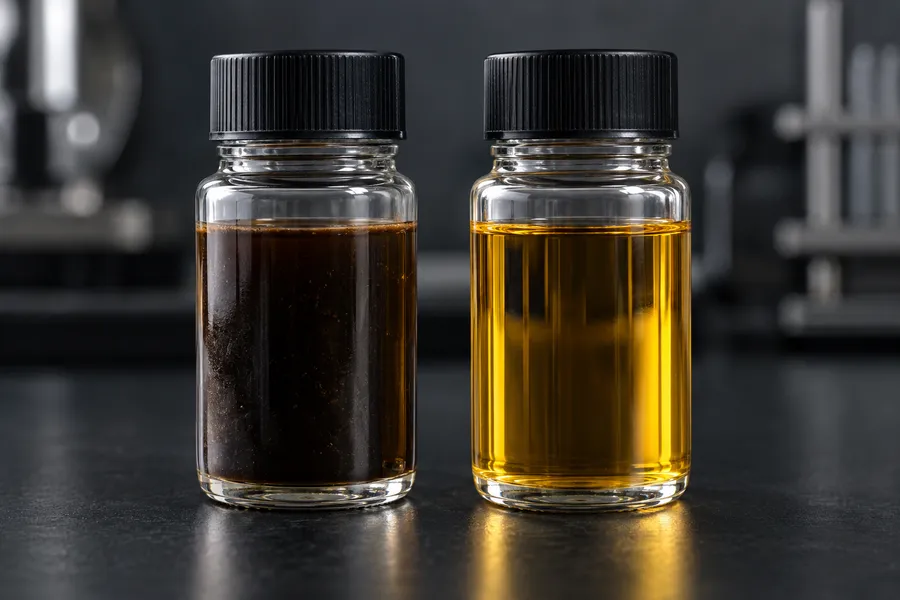 Dois frascos de amostra lado a lado: à esquerda, óleo escuro e contaminado; à direita, o mesmo óleo âmbar e transparente após a filtragem.